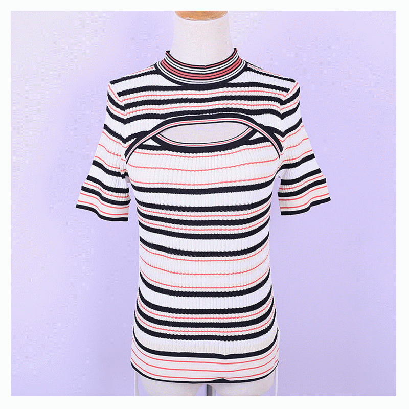 Лятна Bodycon Turtleneck Hole Center Дамски райе тънки пуловери