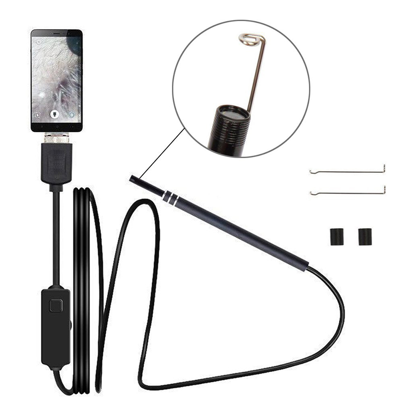2 в 1 Borescope Инспекция Ухото за отстраняване на восък 720P Водоустойчива камера с 6 Регулируеми LED съвместими с Android и iOS