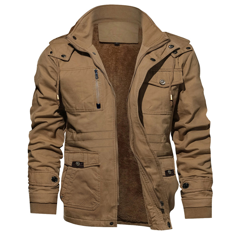 Winter Cutom Fleece Lined Jacket Windbreaket Jacket with Fur Collar for Mens Clothing Ungable Hat