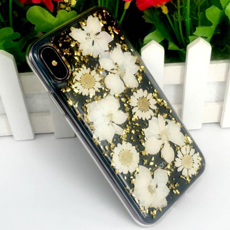 Директен iPhone на производителя със златно фолио за капчици, истинско цвете, изсушено цвете, релефен TPU ябълков прозрачен калъф